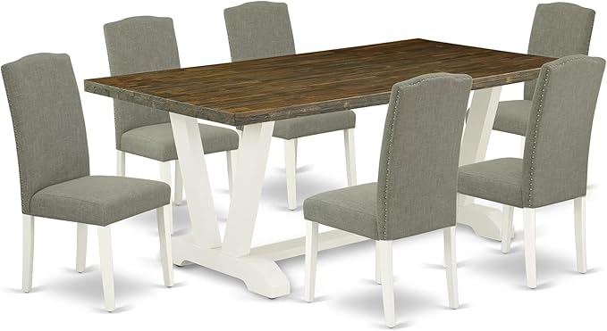 East West Furniture V077EN206-7 7 Piece Dining Room Furniture Set Consist of a Rectangle Dining Table with V-Legs and 6 Dark Shitake Linen Fabric Parsons Chairs, 40x72 Inch, Multi-Color