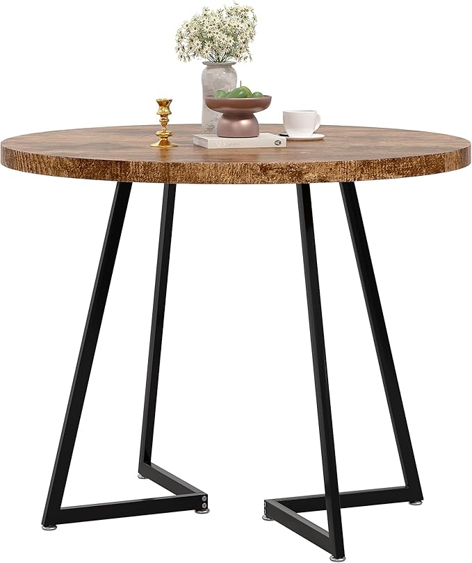 VECELO 35" Round Dining Table for 4, Wood-Grain Tabletop & Heavy-Duty Steel Frame, for Kitchen, Living Room, Easy Assembly, Antique Brown