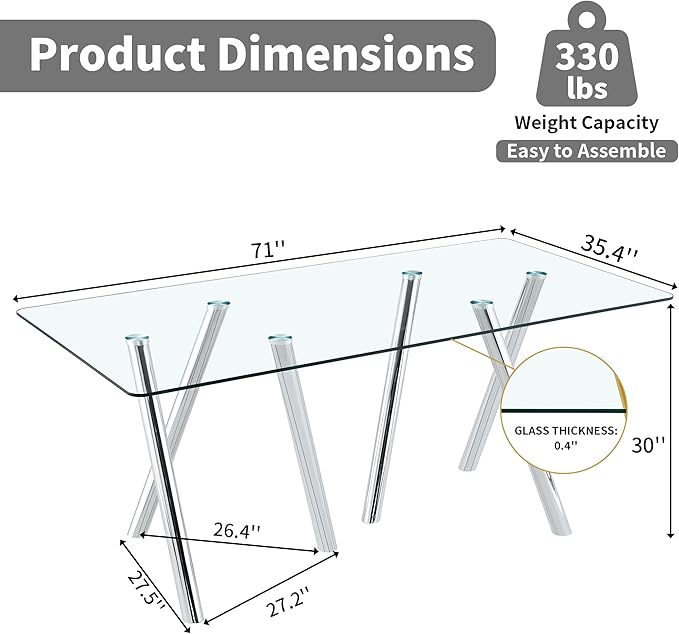 71" Rectangular Dining Table for 6-8, Modern Dining Table with Tempered Glass Tabletop & Metal Legs, Large Glass Dinner Table for Home Kitchen
