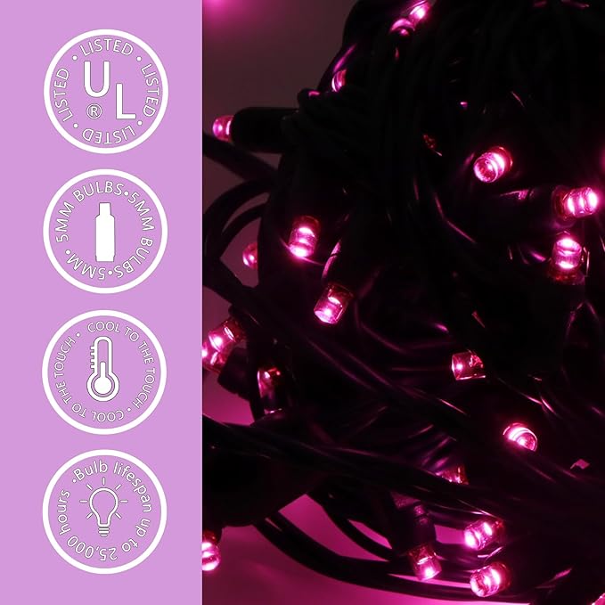 100 LED 5MM Pink Christmas Lights, 33FT Indoor/Outdoor String Light, Mini Lights for Garden, Patio, Christmas Trees - Green Wire, Commercial Grade, UL Listed