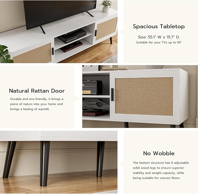 TV Stand for TVs up to 65'', Mid Century Modern Entertainment Center with Rattan Door, Shelves & 2 Cabinets, Boho Media TV Console for Living Room, Bedroom, White