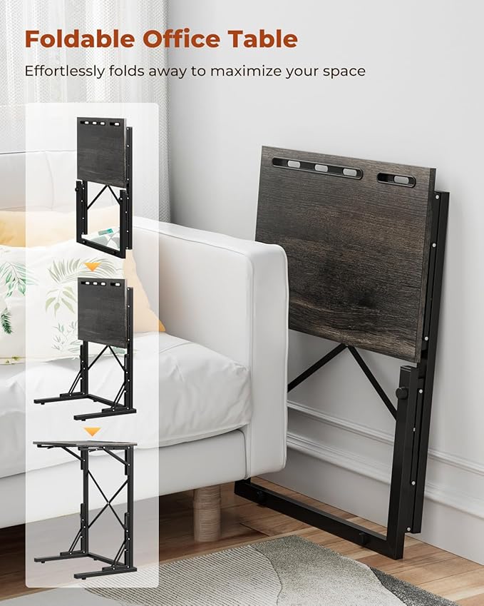 21''Wx28''H Folding TV Tray for Eating, Small Foldable C-Shaped Tray Table with Tablet and Phone Slots, Slide Under Couch Side Table for Recliner, Living Room, Bedroom, Deep Grey