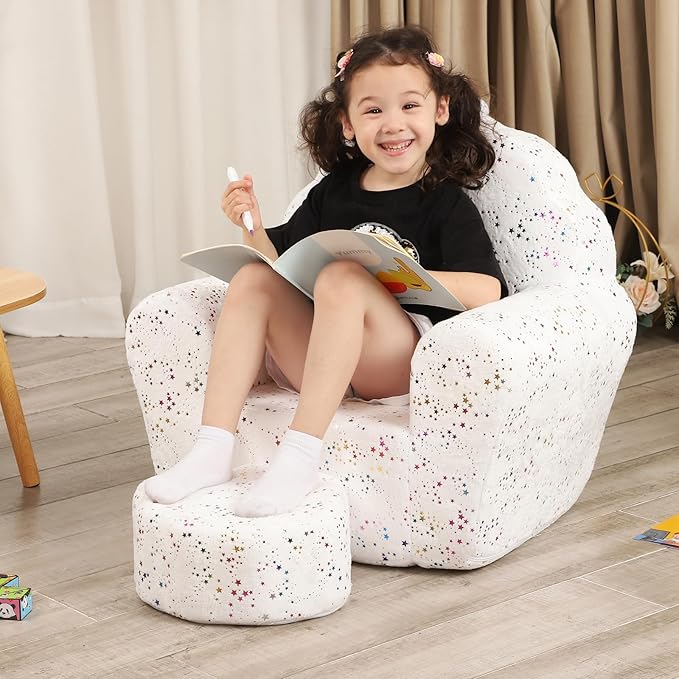 Kids Sofa with Ottoman, Shell-Like Sofa for Boys and Girls, White with Shinny
