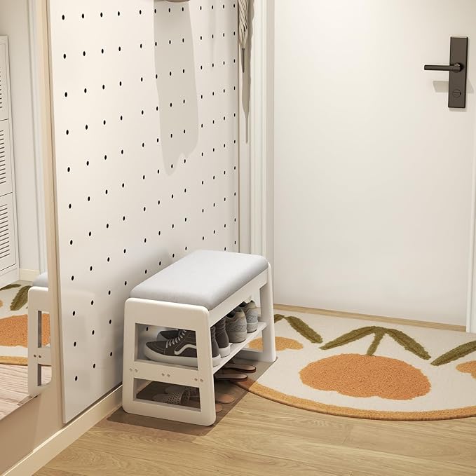 Small Shoe Bench with Cushion,2 Tiers Shoe Rack Bench with Flip-Top Storage,Wood Shoe Rack for Entryway（White,23.62"）