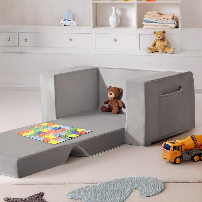 Kids Couch, 2-in-1 Toddler Chair Comfy 1-3 Years Old, Convertible Kids Chair, Toddler Couch That Fold Out, Kid Lounge Chairs for Boys and Girls, Soft Coral Fleece, Grey