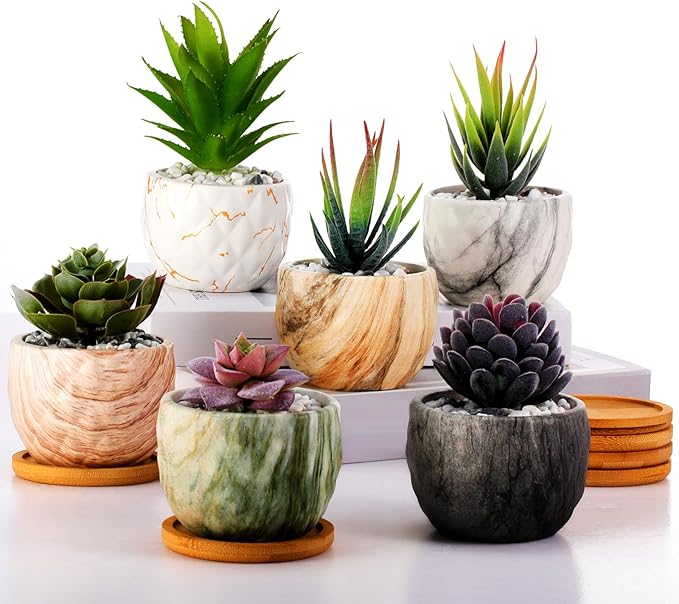 Marbling Ceramic Flower Pot 3.35 Inch Succulent Small Plant Cactus Herbs Planter Ceramic Pot with Drainage Hole Matte Round Container(6 Pcs,Elegance Style)