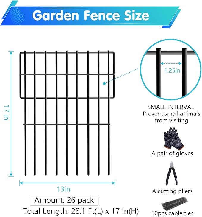 26 Panels No Dig Fence, 28ft(L) x 17in(H) Dog Digging Fencing Barrier, 1.2in Gap Animal Barrier for Bottom of Fence, Rustproof Metal Garden Edging Border Ground Defense Blockers for Outdoor Patio
