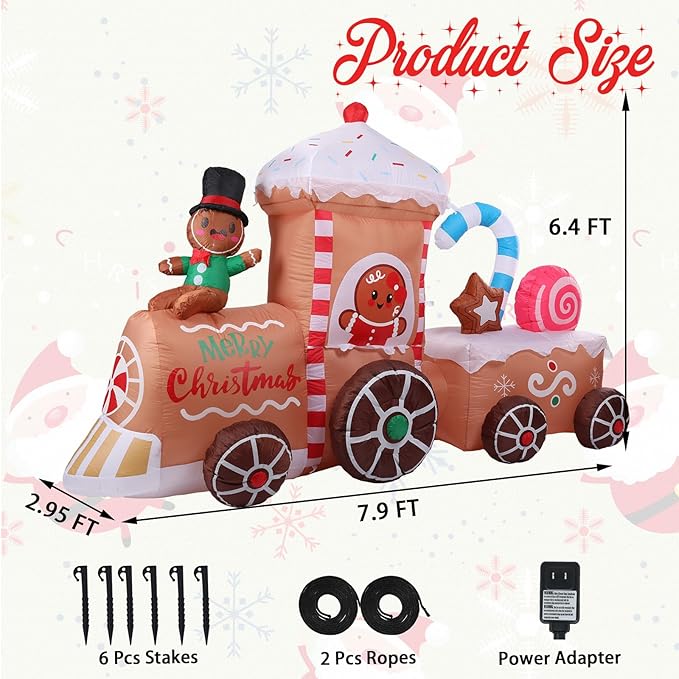 VCUTEKA Christmas Inflatables Gingerbread Outdoor Decorations - 8FT Inflatable Gingerbread Man in Gingerbread House Train Christmas Blow Up Yard Lighted for Holiday Garden Lawn Xmas Decor