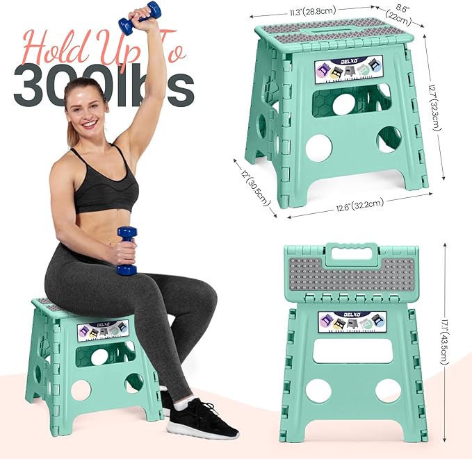 Delxo Folding Step Stool 13 Inch Non-Slip Foldable Stools for Kids & Adults Up to 300 LBS Kitchen Collapsible Fold Up Stepping Stool with Dotted 1 Pack Green