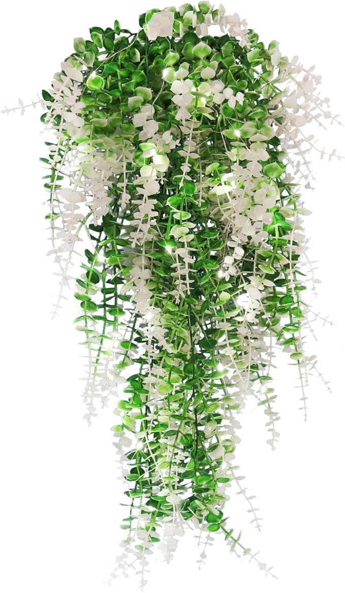 Hanging Monkey Grass Artificial Plants with Lights Outdoor Faux Hanging Plants Indoor Artificial Hanging Plants Wall Decor Fake Hanging Planta for Wall House Room Patio Bedroom Decoration(White)