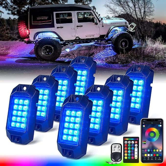 Xprite RGB Bluetooth Rock Lights Kit, Multicolor Neon Lighting Cars Underglow Footwell Wheel Well Light Pods, w/RF Remote Controller for Off-Road, Trucks, UTV, ATV, SUV, RZR, Motorcycles, Boat 8 PCS