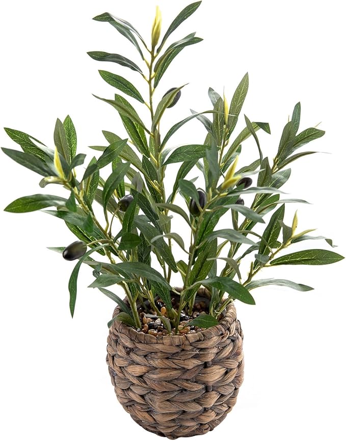 Indoor Fake Olive Plants 17.7 inches Tall Lifelike Artificial Olive Plants with Cyan Fruits in Brown Rattan Planter for Shelf Office Desk Kitchen Counter Small Space Artificial Plant Decor