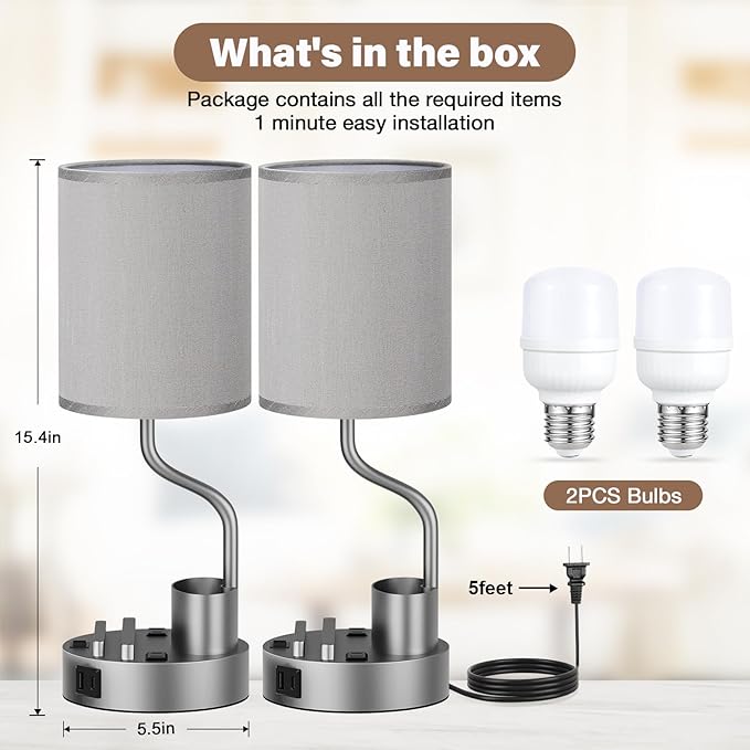 Grey Bedside Table Lamps for Bedroom Set of 2 - Nightstand Light with AC Outlet and USB A & C for Charging, 3 Color Temperatures Desk Lamp with Pen Holder & Phone Stand for Living Room/Dorm/Office
