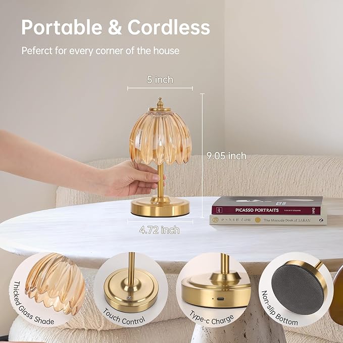 Shenmoyl Set of 2 Tulip Table Lamp with 5200mAh Battery & Touch Control, Cordless Small Table Lamp with 3 Colors, Rechargeable Battery Operated Table Lamps for Nightstand, Bedroom (Amber Tulip)