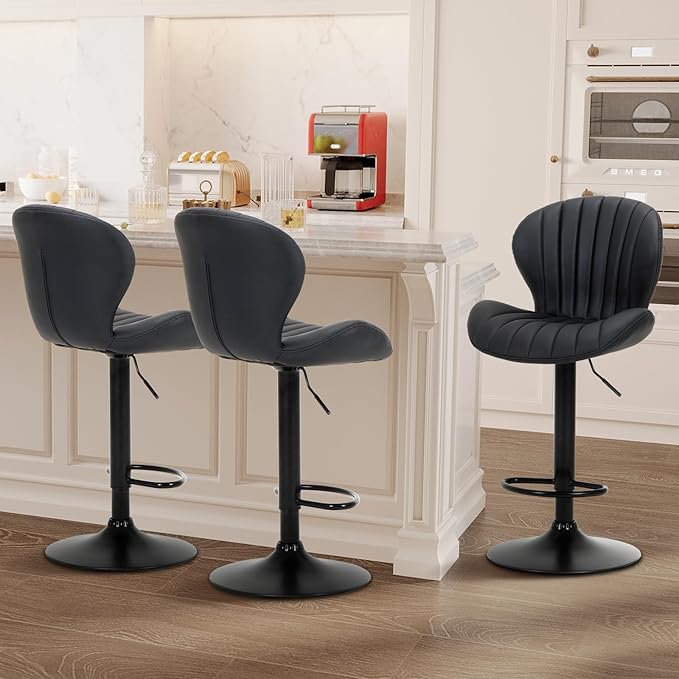 COLAMY Bar Stools Set of 3, Modern Swivel Bar Chairs, Adjustable Faux Leather Upholstered Barstools Counter Height with High Backrest for Bar, Kitchen Island, Dining Room, Black
