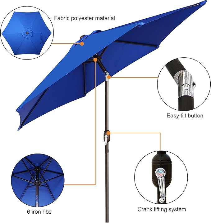 Blissun 7.5 ft Patio Umbrella, Yard Umbrella, Outdoor Market Umbrella with Push Button Tilt Crank, Royal Blue