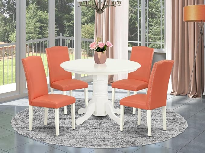 East West Furniture SHEN5-LWH-78 5 Piece Dining Room Furniture Set Includes a Round Kitchen Table with Pedestal and 4 Pink Flamingo Faux Leather Parson Dining Chairs, 42x42 Inch, Linen White