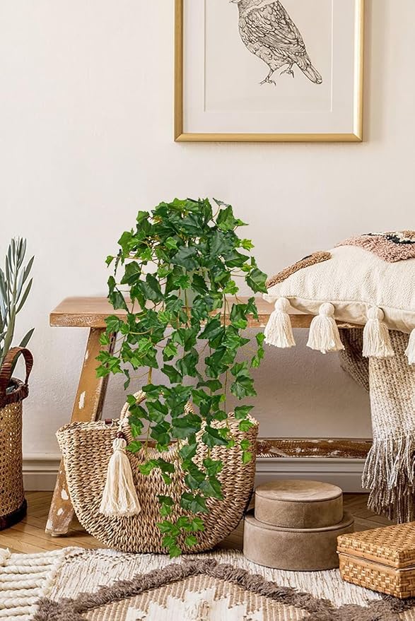 Hollyone Artificial Hanging Plants Potted 31.4" Fake Ivy Vine Faux Ivy Leaves Hanging Greenery Plant in White Pot for Home Indoor Wall House Room Patio Shelf Office Decor