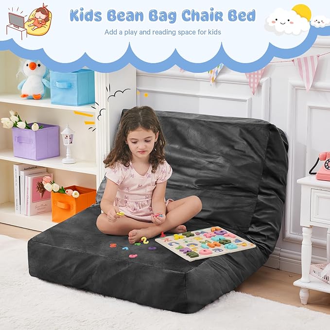 Kids Bean Bag Chair Bed - Convertible Lazy Chair to Floor Mattress with Filler - Small Beanbag Chair for Boys and Girls - Floor Couch Sofa in Bedroom, Classroom, Reading Nook - Carbon Black