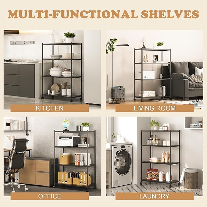 ZZL 4 Tier Bookshelf 31.49" Width,Book Organizers and Storage w/Wheels,Rustic Industrial Book Shelves for Home Office,Bedroom,School,Living Room(Black)