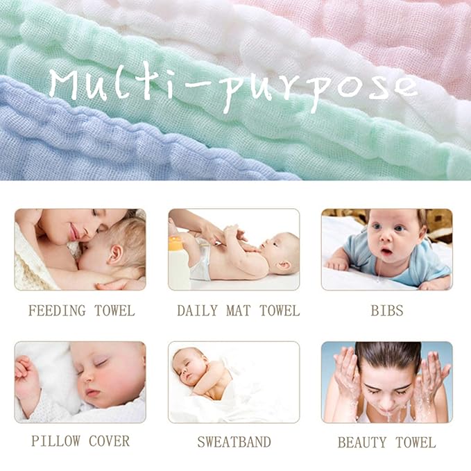 MUKIN Baby Washcloths - Natural Cotton Baby Wipes - Soft Newborn Face Towel for Sensitive Skin - 10 Pack, 12x12 inches (Multicolored)