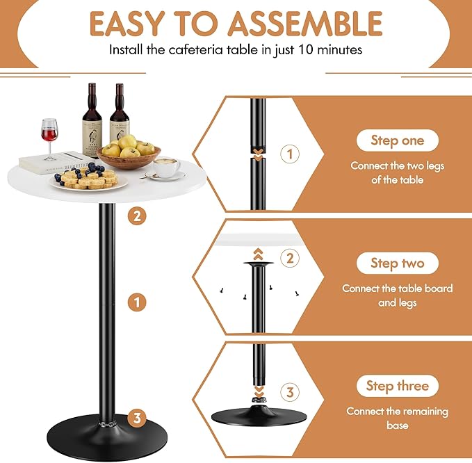 Shahoo Round Bar Table, Cocktail Tables with Metal Base & MDF Top, for Bistro Pub, Cafe, White