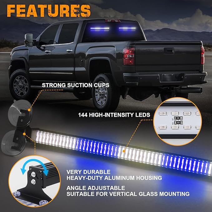 XRIDONSEN 2 in 1 Blue White Emergency Traffic Advisor Light Bar 144 LED Warning Safety Strobe Interior Front Rear Dash Windshield Lights for Firefighter Police Ambulance Vehicles Trucks (2x17.7 inch)