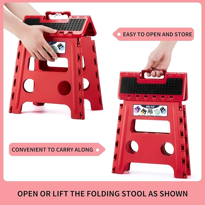 Delxo Folding Step Stool,Non-Slip Stool 13 inch Height Premium Heavy Duty Foldable Stool for Kids and Adults,Kitchen Garden Bathroom Steppingstool 1 Pack in Red,Dotted Texture