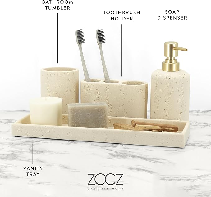 ZCCZ -Beige Bathroom Accessories Set 4 Pcs - Toothbrush Holder, Soap Dispenser, Vanity Tray, Bathroom Tumbler - Countertop Vanity Organizer - Bathroom Accessory Set- Toothbrush Holder Set, Stone Sets
