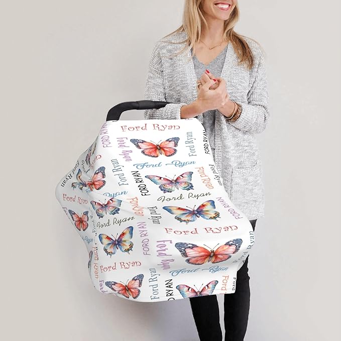 Personalized Baby Car Seat Cover with Name Stroller Canopy Custom Butterfly Carseat Cover Newborn Baby Boy Girl Nursing Cover for Moms First Birthday Gift