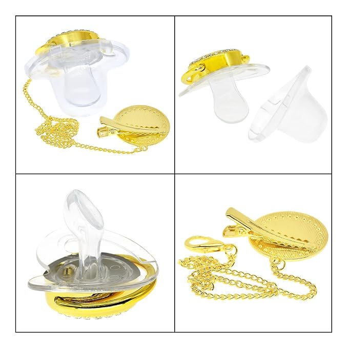 Bling Personalized Baby Pacifier with Pacifier Clips and Anti-dust Cover A-Z 26 Letters(Gold Transparent,I)