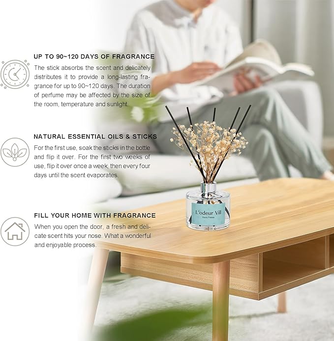 L'odeur Vill Reed Diffuser Set, 6.7 oz(200ml) Peony Freesia Scented Diffuser with 6 Oil Diffuser Sticks, Home Fragrance Essential Oil Reed Diffuser for Home Large Rooms Bathroom Shelf Decor
