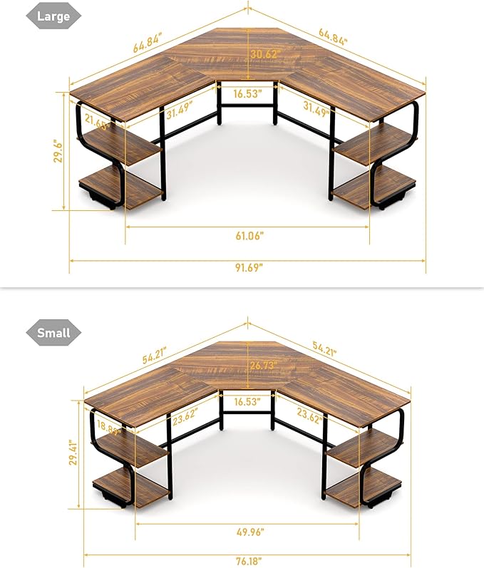 Teraves Modern L Shaped Desk with Shelves,64.84" Computer/Gaming Desk for Home Office,Corner Desk with Desktop (Teak+Black Frame, Large+4 Tier Shelves)