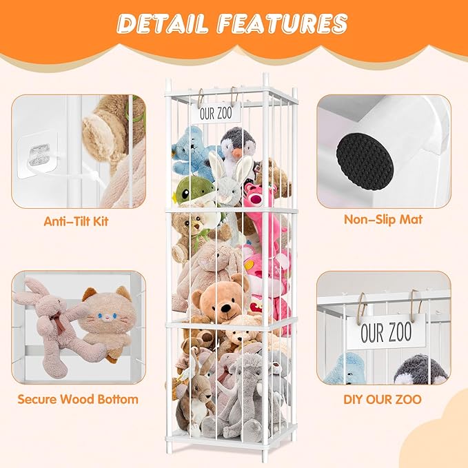 Stuffed Animal Storage, 54 inch Large Plushy Organizers, Wood Stuffed Animal Zoo Storage, Space Save Vertical Stuffed Animals Holder Holds 50+ Stuffed Animals for Nursery Playroom Bedroom (White)