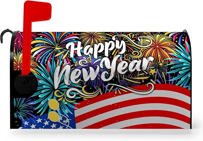 Happy New Year Mailbox Cover New Year Eve Magnetic Mailbox Covers Large Size American Flag Fireworks Balloon Post Letter Box Wrap for Holiday Celebration Party Outdoor Oversized 25.5 X 21 Inch
