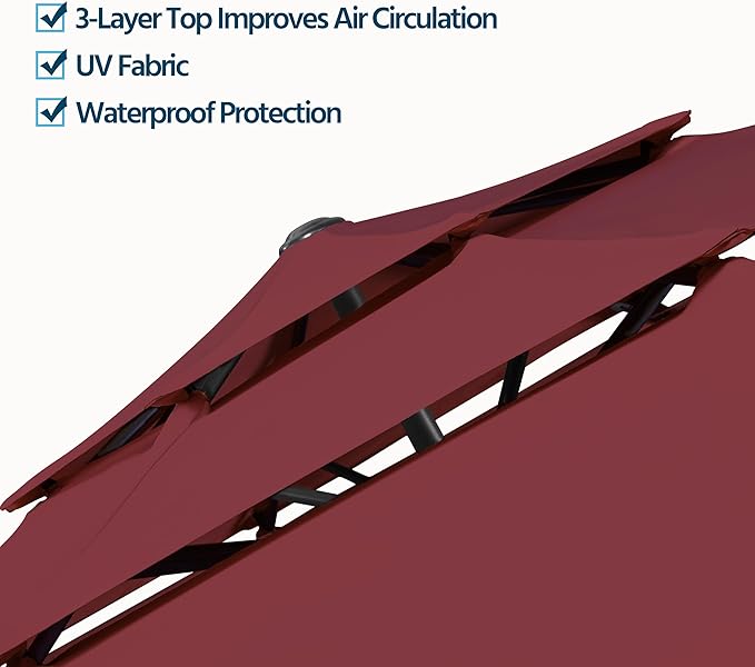 Yaheetech 3 Tier Patio Umbrella 10ft Vented Outdoor Large Market Table Umbrella with 8 Sturdy Ribs & 1.5" Umbrellla Pole, Double-layer Cloth & Push-button Tilting & Crank for Pool/Garden/Lawn Burgundy