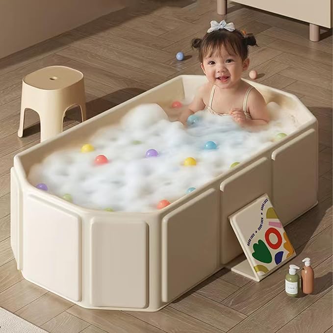 PandaEar Foldable Baby Bathtub, Large Collapsible Kids Bath Tub for Toddlers & Infants, Space-Saving Portable Bath Bucket with Drain Plug, Non-Slip Design for Home Use -Cream