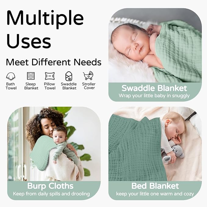 Yoofoss Hooded Baby Towels for Newborn 2 Pack 100% Muslin Organic Cotton Baby Bath Towel with Hood for Babies, Infant, Toddler and Kids, 32x32Inch, Soft and Absorbent Newborn Essential, Gradient Green