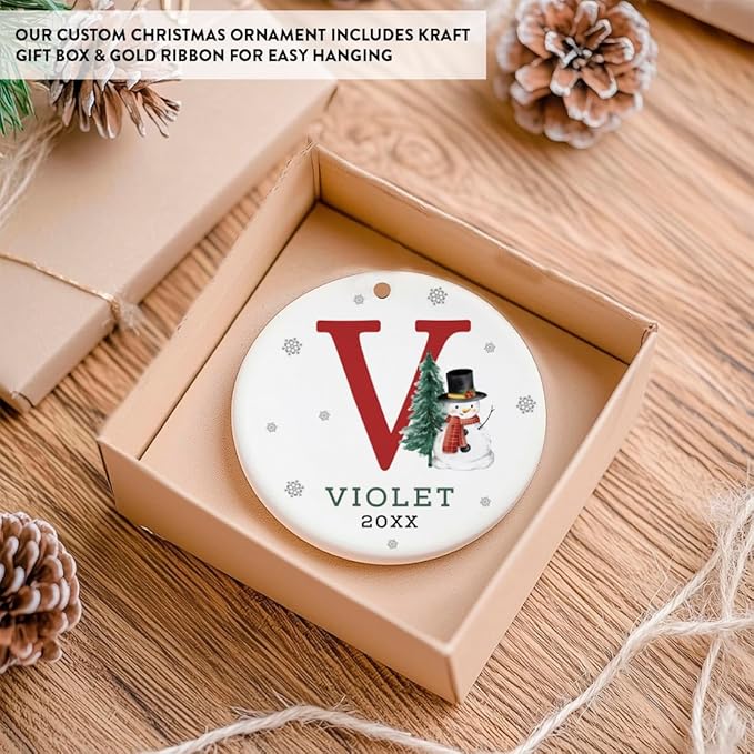 Andaz Press Personalized Ornament, Custom Name, Initial V Monogram Snowman 2.8" Ceramic Porcelain 2025 Christmas Ornament Keepsake for Kids, Boys, Girls, Includes Gold Ribbon & Gift Box, 1-Pack