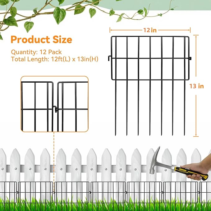 12 Pack Animal Barrier Fence No Dig Garden Defense, 12ft(L) x 13in(H) Rabbit Proof Garden Fencing with 1.2in Gaps, Metal Rabbit Fence, Dog Blocker Under Barriers for Flower Beds & Patio