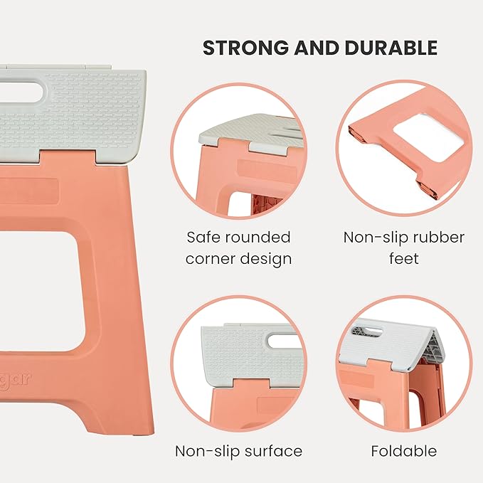 Vigar Compact Step Stool Foldable, 12-1/2-inch Step Stools for Adults up to 330 Pound, Lightweight Stool, Non-Slip Folding Step Stool, Sunrise Orange