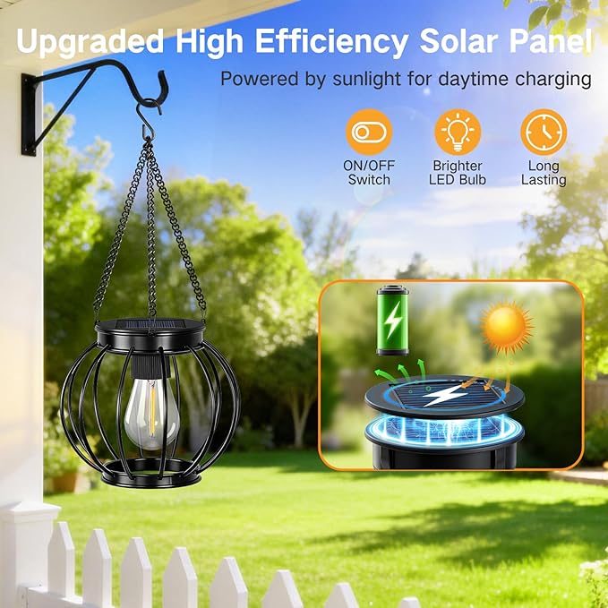 Outdoor Solar Lanterns, Waterproof Metal Hanging Lights with Warm White LED, Auto On/Off, Upgraded Brighter Decorative Lanterns for Garden Patio Yard Porch, Gifts for Women Mom, 2 Pack