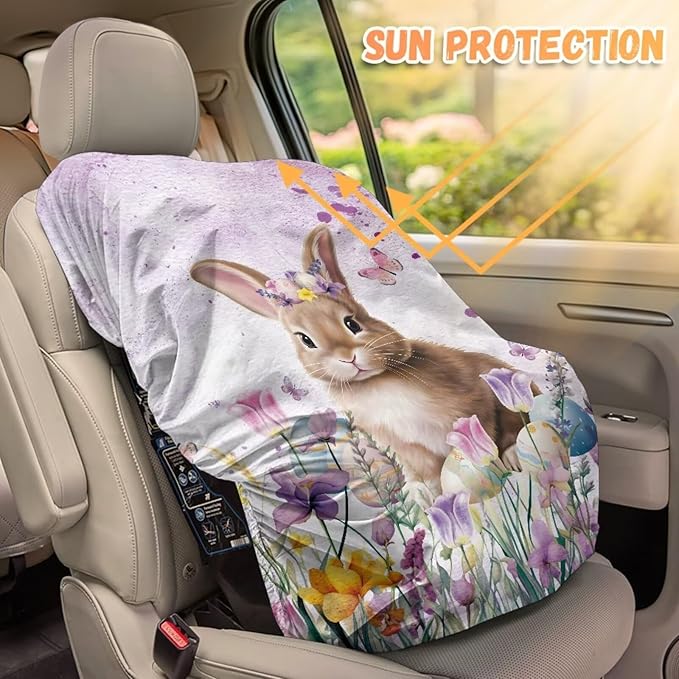 Car Easter Decorations Baby Car Seat Cover Cute Bunny Car Sun Shade Cover for Baby, Infant Car Seat UV Protection Cover Protector, Keep Baby Toddler Cool and Safety