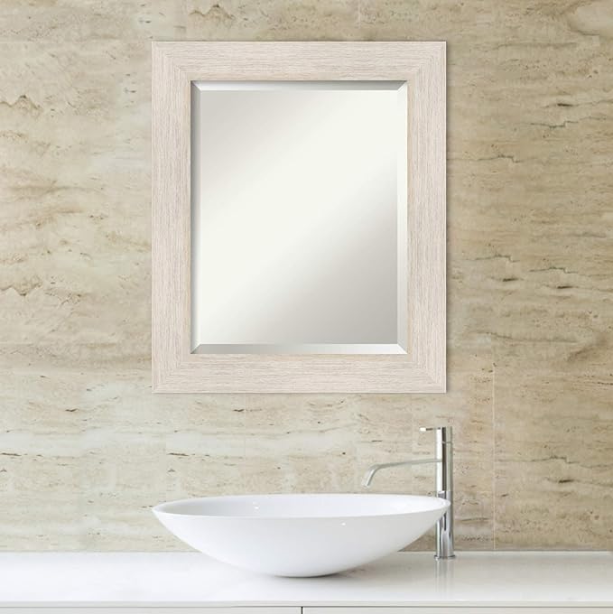 Amanti Art White Bathroom Mirror for Over Sink, 25x21 Hardwood White Wash Rectangle Vanity Mirror, Small Rustic Farmhouse Wood Frame, Hangs Horizonally and Vertically, Bathroom Wall Decor, Beveled