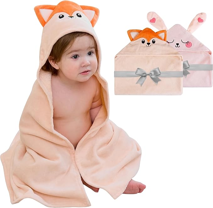 Viviland 2 Pack Hooded Baby Towels, Soft 100% Cotton Baby Bath Towels with Hood, Extra Thick and Absorbent, Essential for Newborns, Kids, Infants - Girls and Boys (Fox & Rabbit)