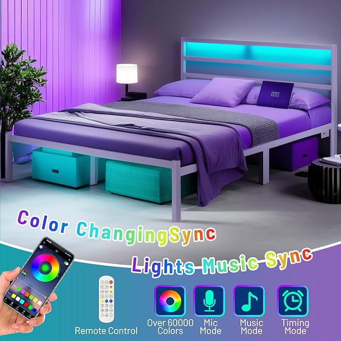 Full Size Bed Frame with Headboard,Heavy Duty Steel Slats Support-LED Bed Frame with USB Charging Station,Mattress Foundation-Under Bed Storage,No Box Spring Needed,Noise Free,White