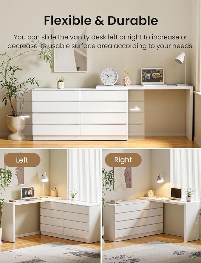 8 Drawer Vanity Dresser Combo with Extendable Table & L-Shaped Desk, White MDF Large Dresser for Bedroom, Adjustable Makeup Dressing Table with Wide Storage, Desk and Vanity Combo for Small Spaces