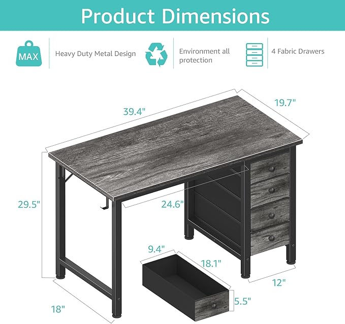 Lufeiya Small Gaming Desk with 4 Fabric Drawers, 40 Inch Kids Girls Teen Cute Study Desk for Bedroom, Work Computer Writing Table Desks for Small Space Home Office, Gray