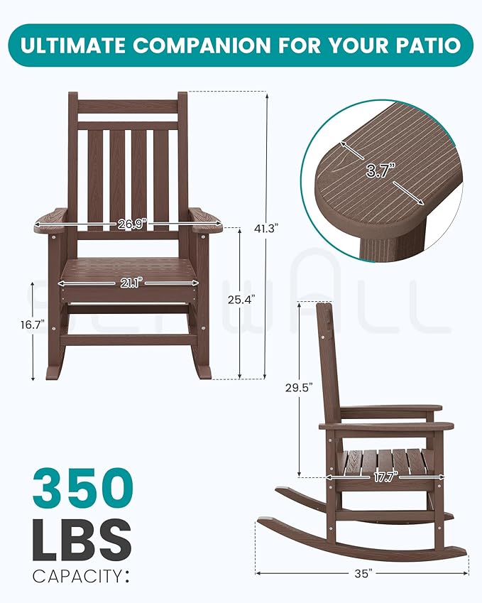SERWALL Oversized Outdoor Rocking Chair Set of 4, HDPE Rocker for Adults, Patio Rocking Chairs for Porch, Brown