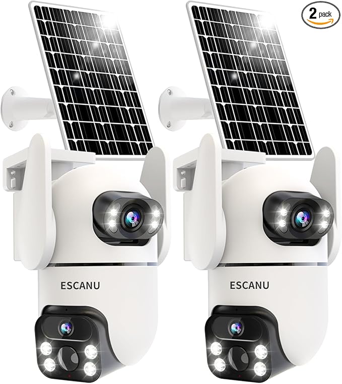 Solar Security Cameras Outdoor Wireless,Cameras for Home Security with Dual Lens,360° View Pan/Tilt,Color Night Vision,2-Way Audio,SD/Cloud Storage,2.4GHz WiFi(2 Pack)